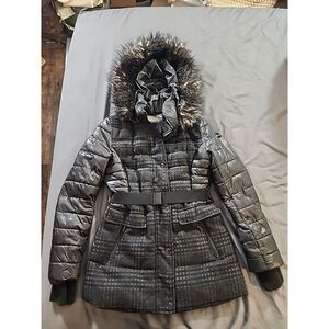 Kensie Women's Glossy Quilted Sz XS Winter Warm Puffer Hooded Coat Jacket W Belt